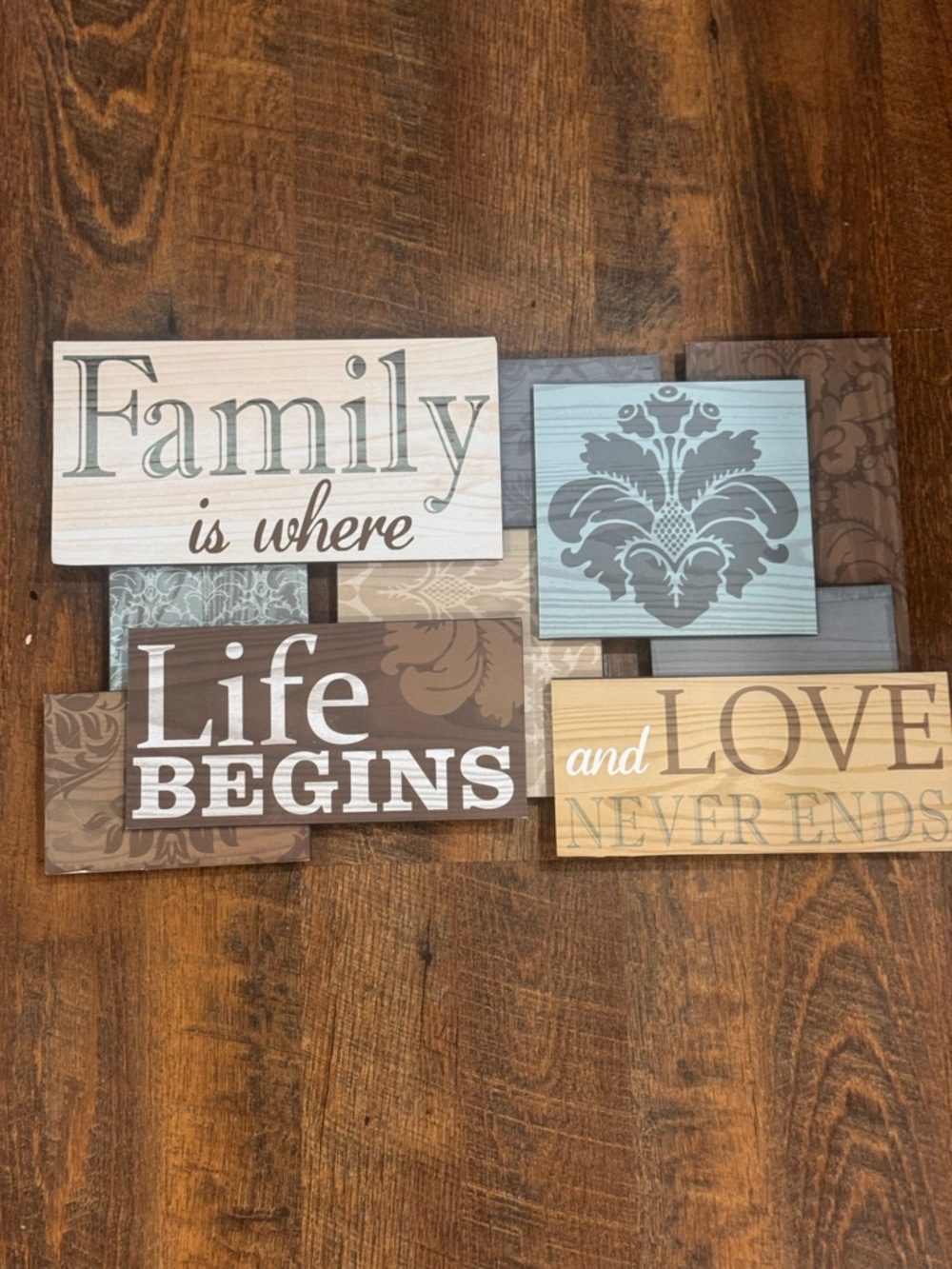 Family Life Begins and Love Never Ends Wooden Wall Plaque - Blue, Brown, Cream
